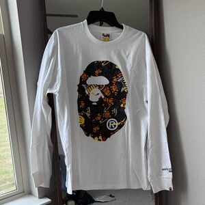 Bape White Long Sleeve Tee with Multicolor Ape Head